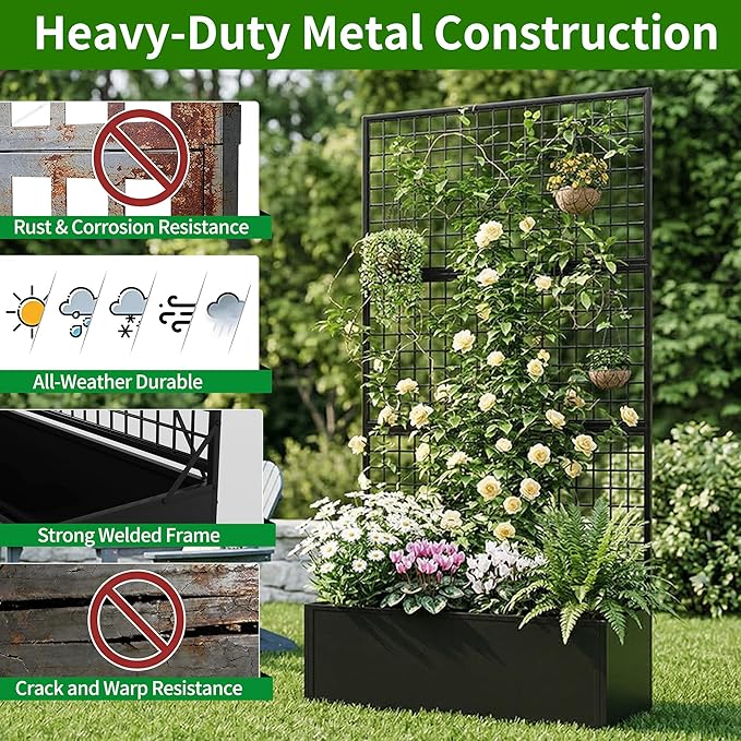 Privacy Planters for Patio – Metal Raised Garden Bed with Trellis and Privacy Screen, 71" x 35" x 16" Planter Box with Drainage Holes for Climbing Plants, Vegetables, and Vines, Outdoor Backyard Black