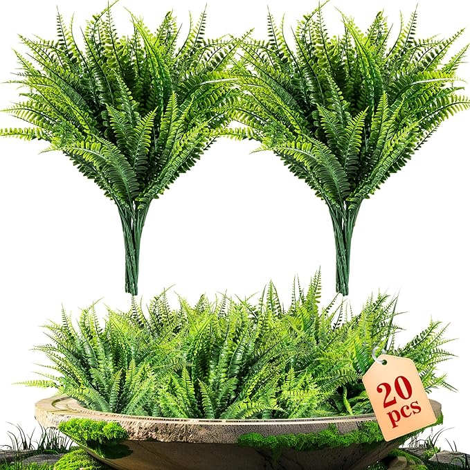 MAQIHAN 20 PCS Fake Fern - Artificial Ferns for Outdoors Faux Ferns for Outdoors Planter Large Outdoor Patio Decor Boston Fern Artificial Plants Faux Greenery Outdoor Porch Decor