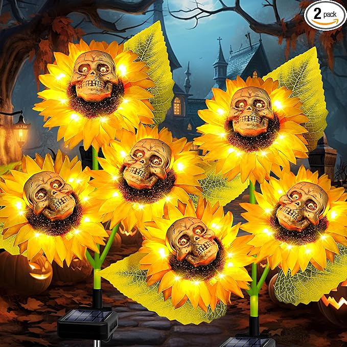 Halloween Decorations Outdoor, 2 Pack Solar Scary Skull Sunflowers Lights,Waterproof Solar Flowers Lights Garden Decor for Halloween Yard Patio Lawn Party Decor