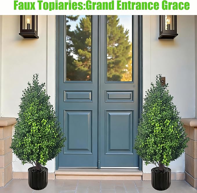 Set of 2 Artificial Potted Plants Boxwood Trees Outdoor Indoor Artificial Topiary Tree with Planter,2.3FT Potted Faux Bushes Evergreen Fake Trees Outside Realistic for Porch Offices Balcony Garden