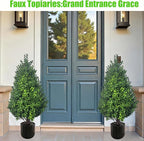 Set of 2 Artificial Potted Plants Boxwood Trees Outdoor Indoor Artificial Topiary Tree with Planter,2.3FT Potted Faux Bushes Evergreen Fake Trees Outside Realistic for Porch Offices Balcony Garden