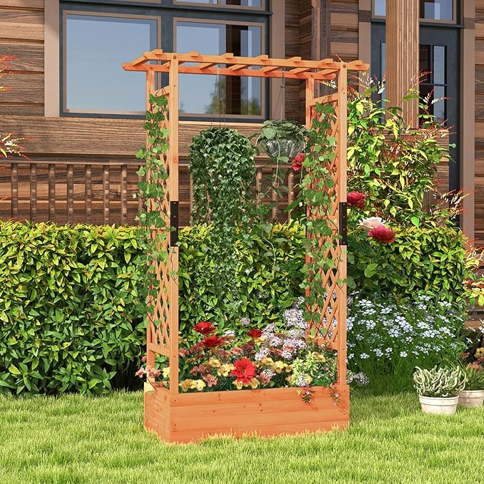 LDAILY Raised Garden Bed with Trellis, Above Ground Garden Bed with Hanging Roof, Side Trellis, & 4 Drainage Holes, Planter Box for Outdoor Climbing Plants Vines Flowers (1, 43.5"L x 17.5"W x 72"H)