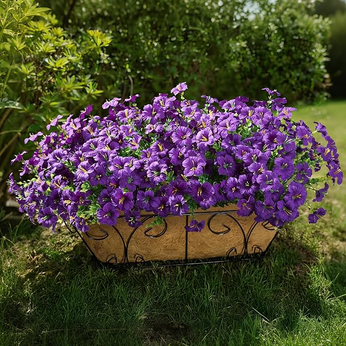 Artificial Flowers for Outdoors Fake Plants Outside Decoration, 20 Bundles Purple Silk Petunia with Eucalyptus UV Resistant Realistic Faux Flowers for Outdoor Planters Garden Balcony Yard Porch Patio