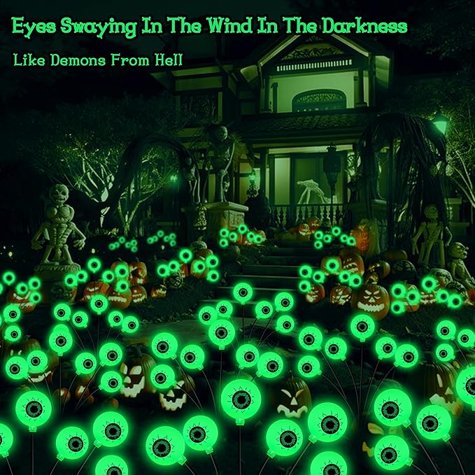 Halloween Decorations Outdoor, 6 Pack 36 LED Solar Scary Eyeball Swaying Lights, Green Solar Firefly Light Waterproof Outdoor Garden Lights for Halloween Yard Garden Lawn Party Flower Bed