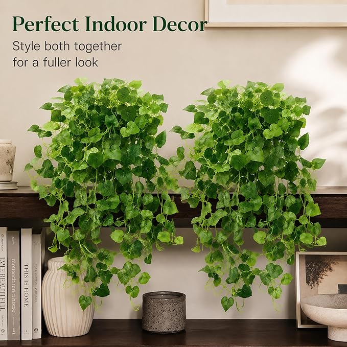 36" Faux Hanging Ivy Plants in White Pots, 2 Pack Fake Pothos Artificial Hanging Plants with 168 Leaves Each & Pebble Topping, Fake Greenery Decor for Shelf Bathroom Office Living Room