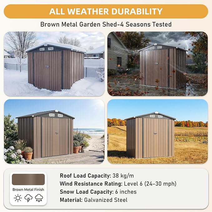 Aoxun 6' x 4' Outdoor Shed with 2 Pack Motion Sensor Light Garden Metal Storage Shed with 4 Vents, Lockable Doors for Patio, Lawn & Garden, Brown