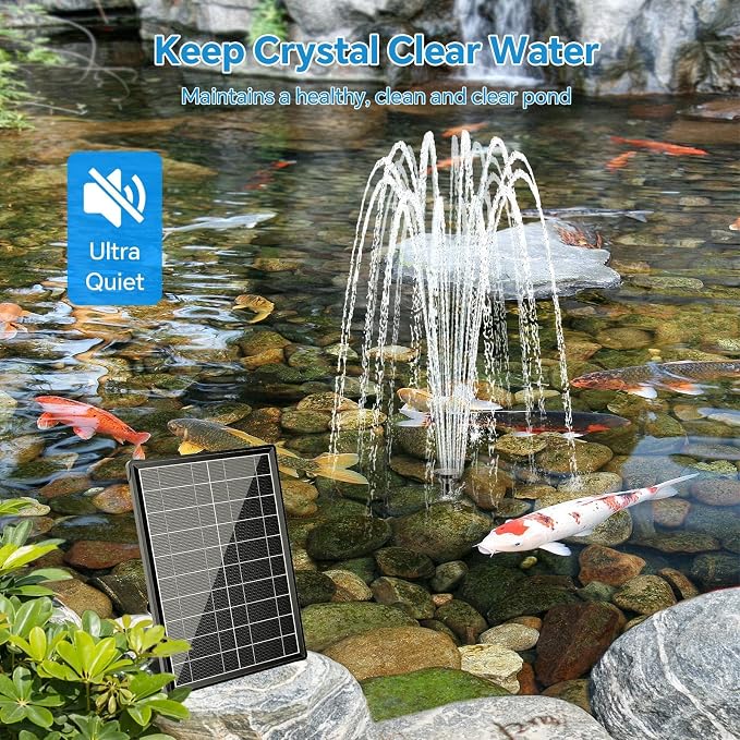 POPOSOAP Solar Pond Filter with Fountain Pump Built-in Battery Backup | 8W Solar Pond Pump with 8 Nozzles & 5Ft PVC Tubing, Dry-Run Protection for Outdoor Ponds Bird Baths DIY Water Feature
