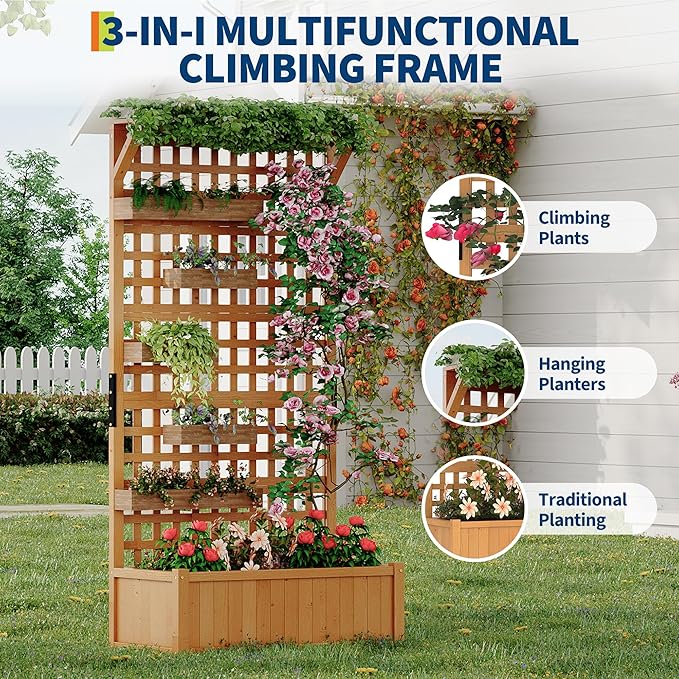 72"h Large Raised Garden Bed with Trellis & Roof, Outdoor Wooden Planter Box for Vine Climbing Plants, Flowers & Vegetables, Freestanding Horticulture Planter with Drainage Holes for Patio Yard Balcon