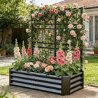 Galvanized Raised Garden Bed with Trellis for Climbing Plants Outdoor,Metal Vertical Garden Planter Box for Patio,Heavy Duty Elevated Garden Bed for Vegetables Tomatoes Cucumbers Flowers Herbs,Black