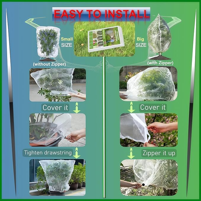 Fruit Tree Netting with Drawstring- 4 Pack 5.3x6 FT- Easy Install Plant Protection Cover, Reusable Garden Mesh Bag for Blueberry Bushes/Tomato - Block Birds/Insect/Squirrels