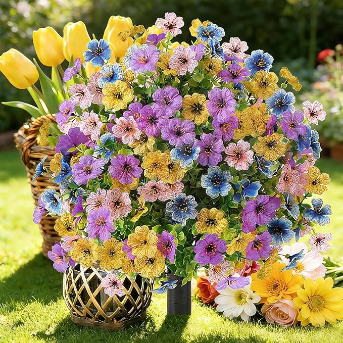 Alupssuc 2Pcs 20" Artificial Topiary Ball Flowers for Outdoors, Spring Decoration with Spike, UV Resistant Faux Summer Plants, Fake Bushes Indoor Decor, Mix 4 Colors for Garden, Porch, Home & Patio