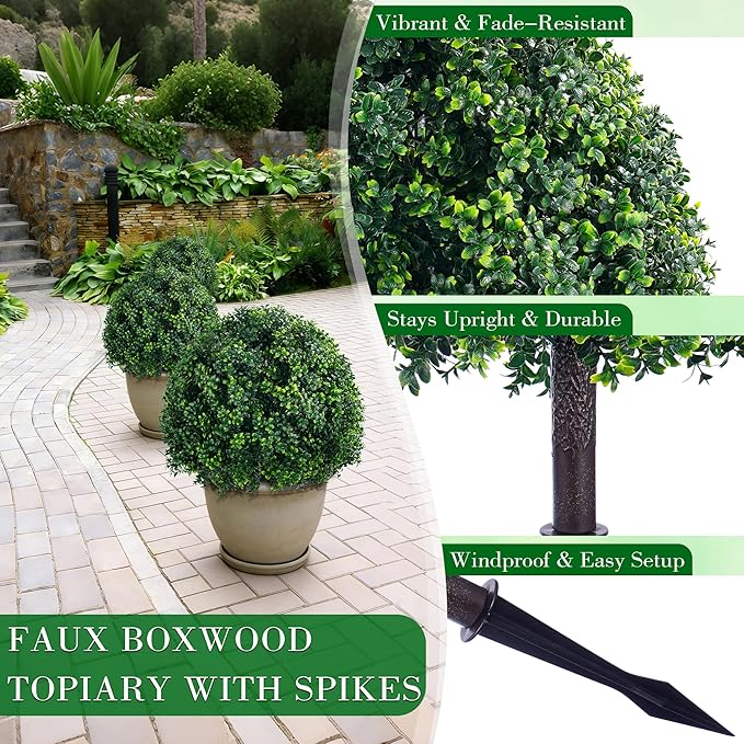24.8 Inch Artificial Boxwood Trees, 2 Sets Faux Boxwood Topiary with Spikes, Pot Filler Fake Shrubs Plants for Outdoor PlantersFront Porch Decor Round Topiary Bush Balls Home Garden Spring