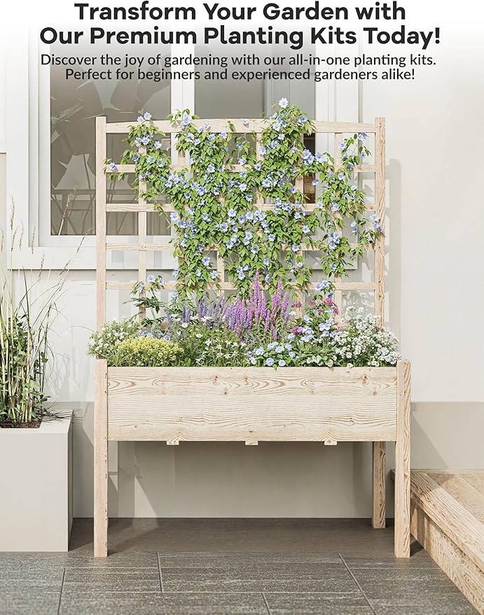 Garvee Wooden Raised Garden Bed with Trellis, 46.46x23.23x65.35IN Elevated Planter Box with Legs for Climbing Plants, Vegetables & Flowers