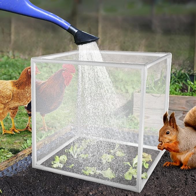 3 Pack Plant Protectors from Animals, 13.8" X 13.8" Detachable Plant Cages for Outdoor Plants with Netting, Square Plant Cages to Keep Animals Out with Ground Stakes (White)