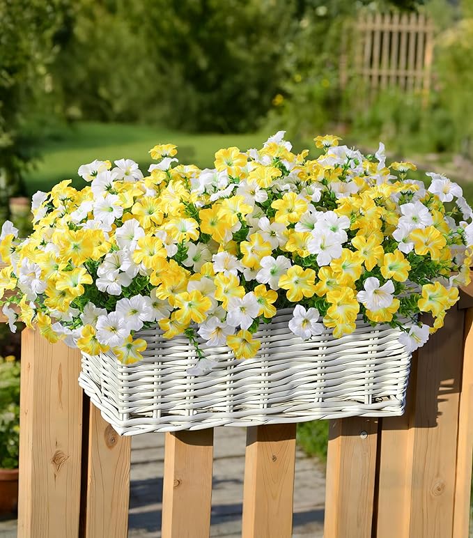 Artificial Flowers for Outdoors Fake Plants Outside Decoration, 20 Bundles Silk Petunia with Eucalyptus UV Resistant Realistic Faux Flowers for Outdoor Planters Garden Balcony Yard Porch Patio, Mix