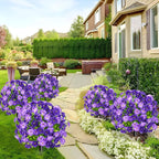 Waipfaru Set of 2 Artificial Boxwood Topiary with Colorful Flowers, 23" UV Resistant Fake Bushes Faux Outdoor Plants, Artificial Shrubs with Ground Spike for Outdoor Garden Front Porch(Purple)