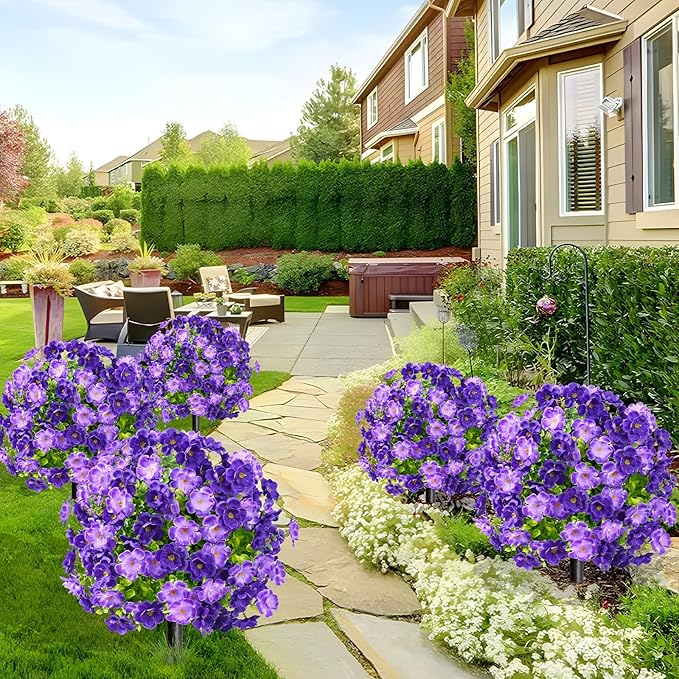 Waipfaru Set of 2 Artificial Boxwood Topiary with Colorful Flowers, 23" UV Resistant Fake Bushes Faux Outdoor Plants, Artificial Shrubs with Ground Spike for Outdoor Garden Front Porch(Purple)