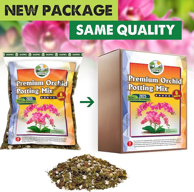 [Upgraded] DUSPRO Orchid Potting Mix for Repotting with Forest Moss, Pine Bark, Perlite & Pumice Natural Ingredients, Orchid Bark Potting Mix, Orchid Repotting Kit Drainage Indoor Potting Medium 6QT