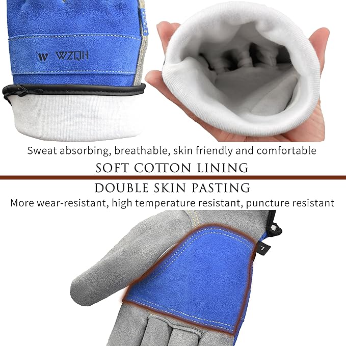 WZQH Leather Work Gloves for Men or Women. X-Large Glove for Gardening, Tig/Mig Welding, Construction, Chainsaw, Farm, Ranch, etc. Cowhide, Cotton Lined, Utility, Firm Grip, Durable. Blue-Grey XL