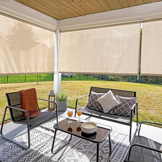 Coolaroo Outdoor Roller Shade with Wand - 80% UV Block Breathable Light Filtering Shade for Patio or Porch, Fade-Resistant, Easy-Clean Fabric, 6ft x 6ft, Sesame