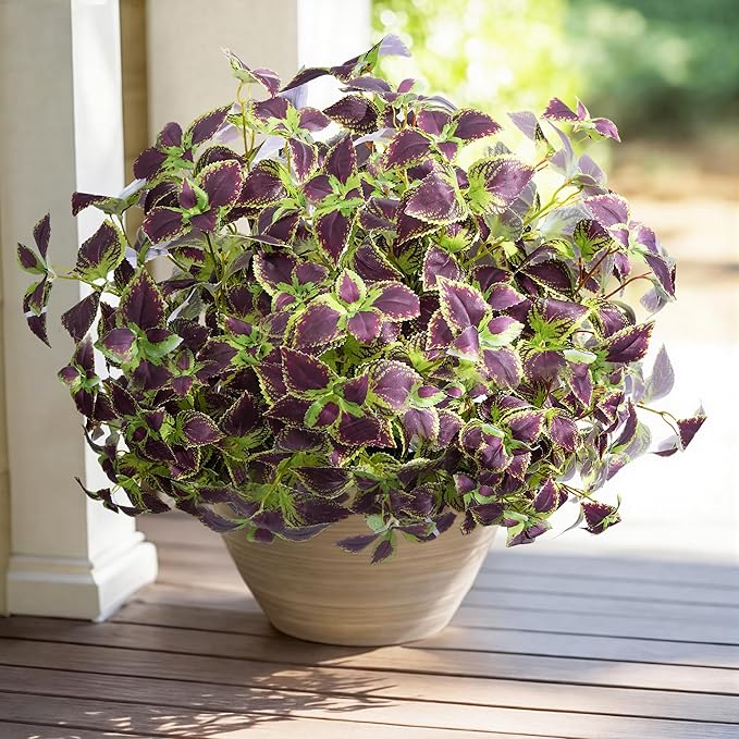 Artificial Greenery Plants Outdoor, 5 Pcs Faux Coleus Plants UV Resistant Silk Plants with Stems, Fake Plants for Outside Garden Patio Hanging Planter Pathway Front Porch Decoration(Brown)