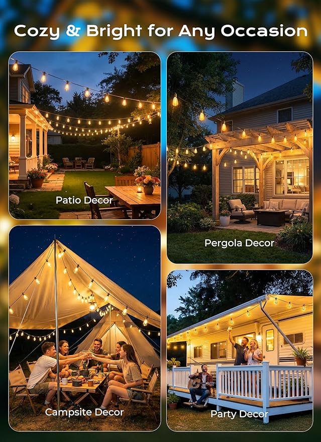 Brightown 108FT 50+2 LED Solar String Lights Outdoor Waterproof, Patio Lights with Remote and Shatterproof Bulbs, Dimmable & Timable, 3 Light Modes, Solar Lights Outdoor for Yard Garden Camping Party