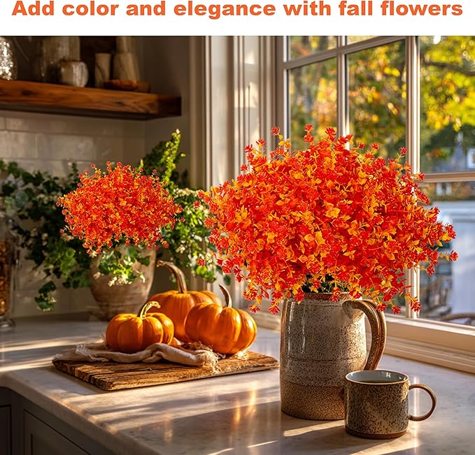 Artificial Fall Flowers Outdoor Fake Mums - 12 Bundles Fake Plants UV Resistant No Fade Faux Plastic Greenery Garden Porch Patio Fall Home Decor (OrangeYellow)