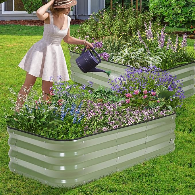 1MORE Raised Garden Bed -4X2X1 Galvanized Planter Box for Outdoor Gardening,3 in 1 Modular Raised Bed Kit with Protective Tape, Gloves for Herb，Ideal for Vegetables and Plants.Green-1Pack