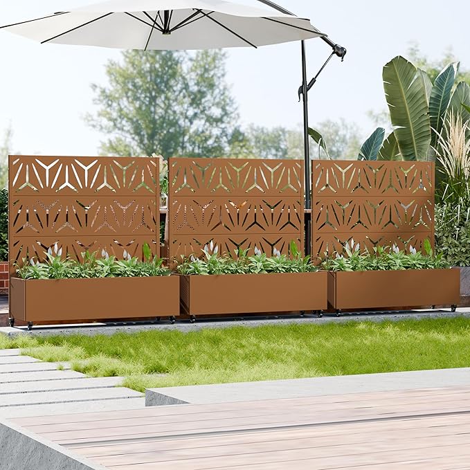 Casaphoria Metal Raised Garden Bed with Trellis and Wheels, 47"x47"x16" Planter Box for Climbing Plants, Vegetables & Vines, Features Drainage Holes and Privacy Screen, Brown-Star