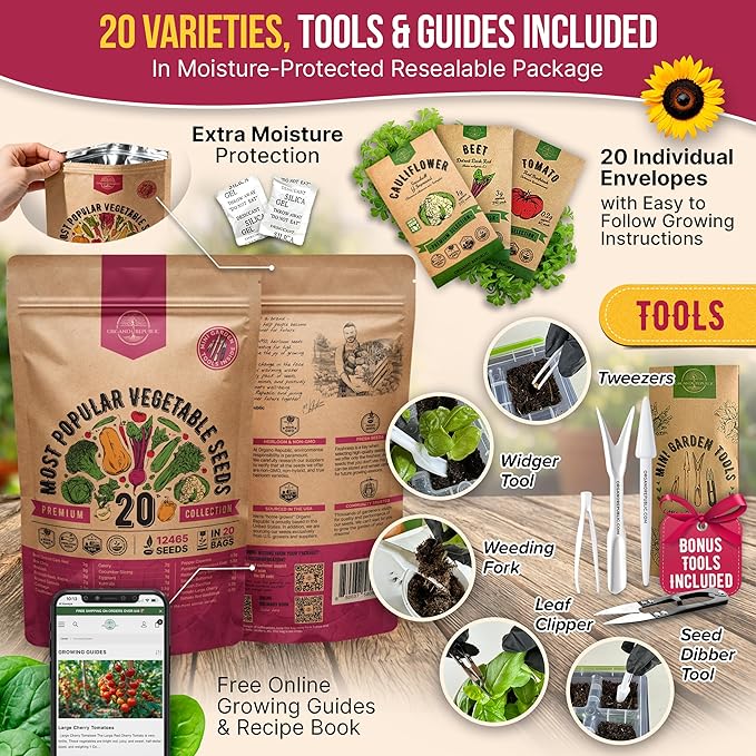 20 Vegetable Seeds Variety Pack - 12,465+ Non-GMO Heirloom Seeds for Planting Vegetables and Fruits in Individual Seed Packets, Home Garden Seed for Hydroponic, Indoor and Outdoors Gardening