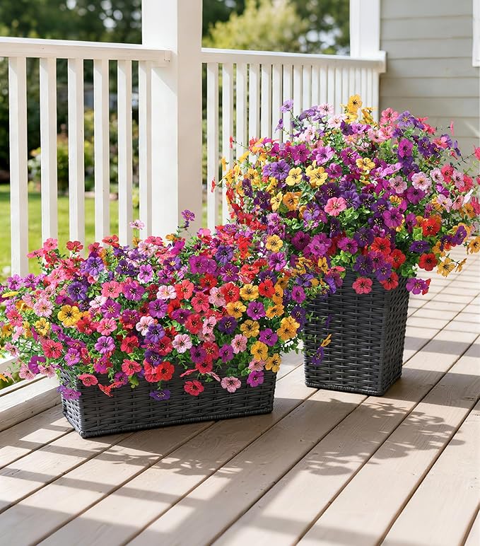 Ivydale Artificial Flowers for Outdoor 24 Bundles Fake Mums with Eucalyptus Leaves UV Resistant Silk Faux Daisy Flower Plant for Outside Home Porch Patio Window Box, 6 Color Mixed