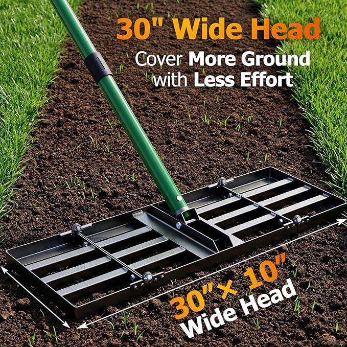 30"x10" Lawn Leveling Rake, Heavy Duty Lawn Leveler with 33"-77" Adjustable Handle, Foldable Ground Leveling Tool for Soil, Sand, Gravel, Ergonomic Design for Lawns, Golf Courses and Backyards