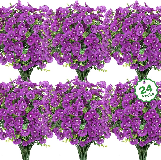 24 Bundles Artificial Flowers for Outdoors Fake Silk Flowers UV Resistant Faux Plants Eucalyptus for Spring Summer Decoration Planters Table Vase Garden Yard Porch Window Home Decor, Purple
