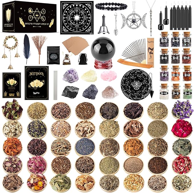Wiccan Supplies and Tools for Protection, 130Pack Witchcraft Supplies Witchy Gift for Beginners, Dried Herbs, Crystals, Candles, Witch Starter Spell Kit