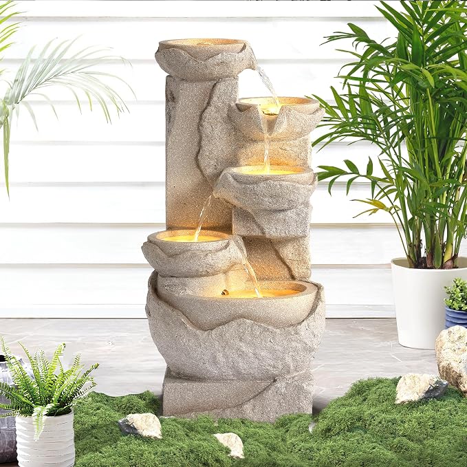 Grepatio Outdoor Water Fountain 5-Tiers Cascading Rock Waterfalls Fountains with 5 LED Lights, Indoor/Outdoor Modern Beige Bowl Feature Garden Water Fountain for Yard, Patio, House Decor