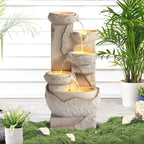 Grepatio Outdoor Water Fountain 5-Tiers Cascading Rock Waterfalls Fountains with 5 LED Lights, Indoor/Outdoor Modern Beige Bowl Feature Garden Water Fountain for Yard, Patio, House Decor