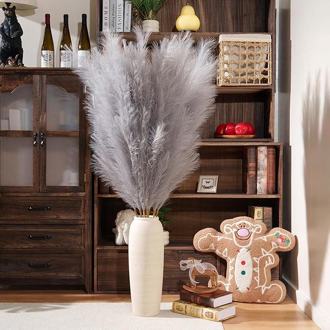 Premium Faux Grey Pampas Grass – 55" Tall Ultra-Fluffy 24-Branch One-Piece Stems No Assembly, Luxury Silk-Feel Feather Flowers for Modern Industrial Minimalist Home Decor (Charcoal, 8 Stems)