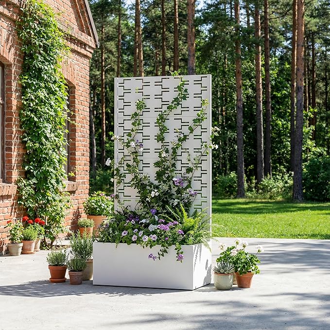 Casaphoria Metal Raised Garden Bed with Trellis, 59"x30"x12" Planter Box for Climbing Plants, Vegetables & Vines, Features Drainage Holes and Privacy Screen, White-Brick
