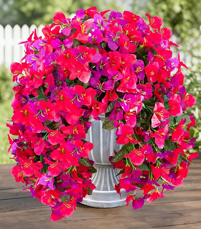 HyeFlora Bougainvillea Artificial Hanging Flowers Plants for Outdoors Decoration, 2pcs Fake Flowers Silk Bougainvillea Vines Realistic UV Resistant Faux Flowers for Outdoor Planters Porch Patio, Mix