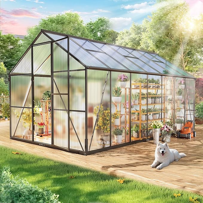 Wanan 8x14FT Greenhouses for Outdoors, Quick Assembly Polycarbonate Green House with UV Protection, Windproof Aluminum Frame Heavy Duty, Adjustable Roof Vent for Backyard or Outdoor Garden Use