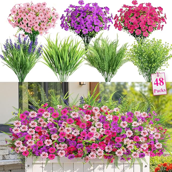 Alupssuc 48 Bundles Artificial Flowers for Outdoors Planters Spring Decoration, UV Resistant Faux Eucalyptus Violet and Lavender Silk Fake Plants for Outside Indoor Yard Home Patio Decor, Mix 3 Colors