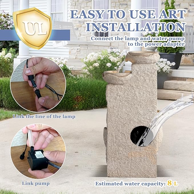 Grepatio Outdoor Water Fountain 5-Tiers Cascading Rock Waterfalls Fountains with 5 LED Lights, Indoor/Outdoor Modern Beige Bowl Feature Garden Water Fountain for Yard, Patio, House Decor