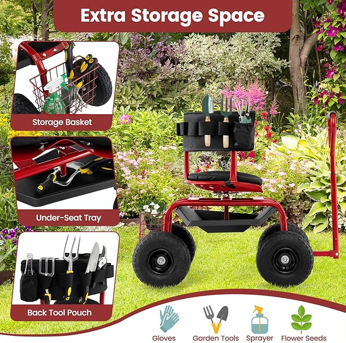 Goplus Garden Seat with Wheels, Rolling Gardening Stool with Adjustable 360° Swivel Seat, Tool Tray & Storage Basket, Extendable Handle, Outdoor Gardening Scooter, Garden Cart Workseat for Seniors