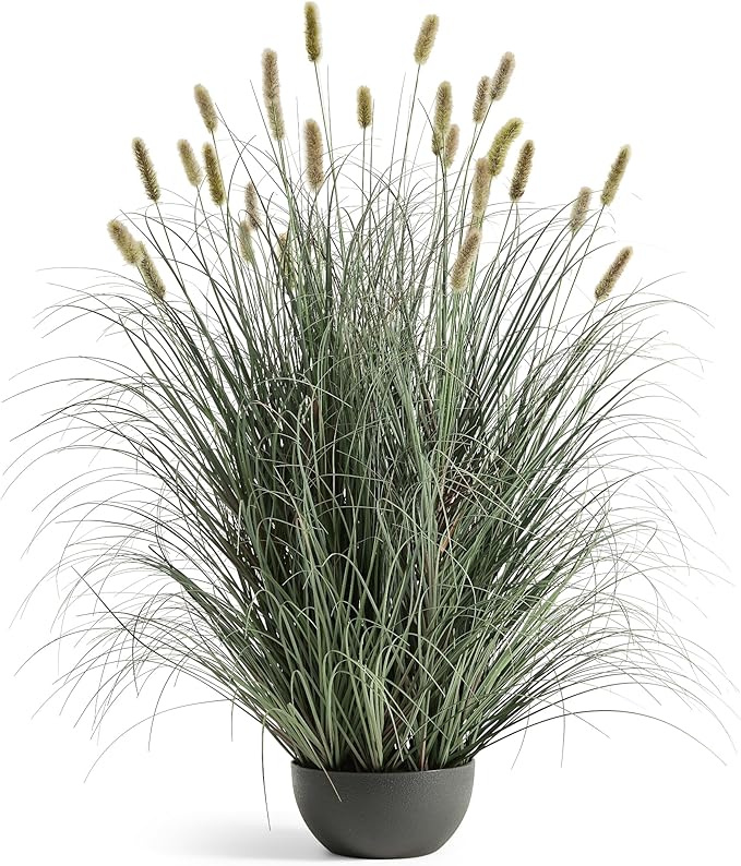 FloraFairy 4ft Onion Grass, Artificial Plant and Greenery, Fake Floor Plants Indoor Outdoor, Potted Faux Green Bristlegrass with Spikes, Large Size Horsetail Reed Grass, House Decorative