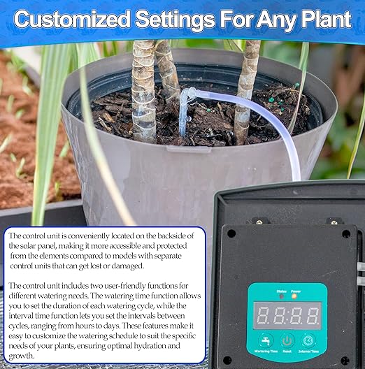 Solar Self Watering Plant Drip Irrigation System for 15 Plants Multiple Automatic Control Modes - Portable DIY Kit for Indoor/Outdoor Gardens, Patios, Balconies, and Vacation Plant Care
