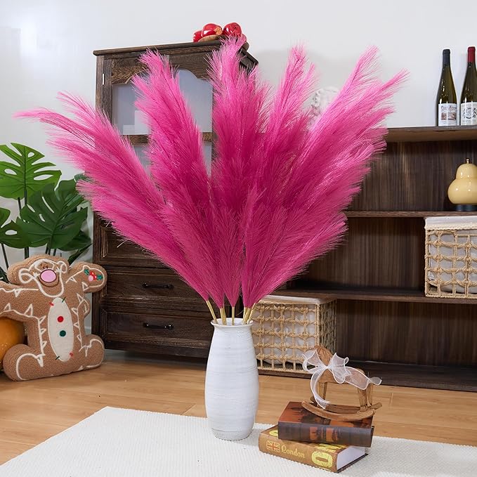 Premium Faux Hot Pink Pampas Grass – Fuchsia 43.3″ 8pcs Tall Fluffy Decor, No Assembly 18-Branch One-Piece Stems for Floor Vase Decor, Luxury Silk-Feel Feather Flowers (8 pcs/110cm)