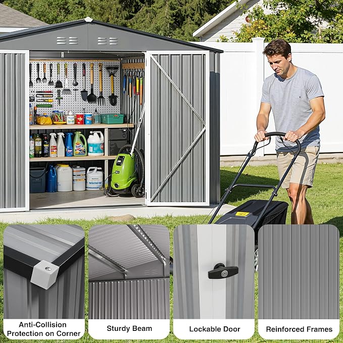 10 x 12FT Sheds & Outdoor Storage, Grey Metal Waterproof Storage Shed with Door and Lock Outdoor Shed,All-Weather Shelter for Bike, Gardening Tools, Lawn Mowers