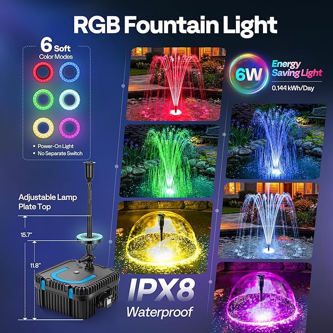VIVOHOME 900GPH RGB Pond Filter Fountain with 6W LED Lights, 80W Submersible Water Pump with Multi-Stage Filtration for Koi Ponds, Waterfalls, Outdoor Water Features