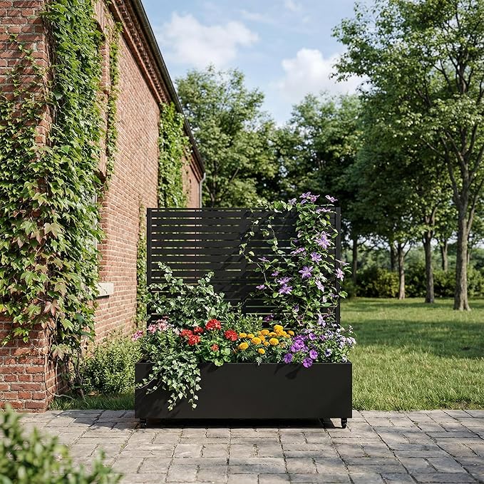Casaphoria Metal Raised Garden Bed with Trellis and Wheels, 47"x47"x16" Planter Box for Climbing Plants, Vegetables & Vines, Features Drainage Holes and Privacy Screen (Black-Louvered)
