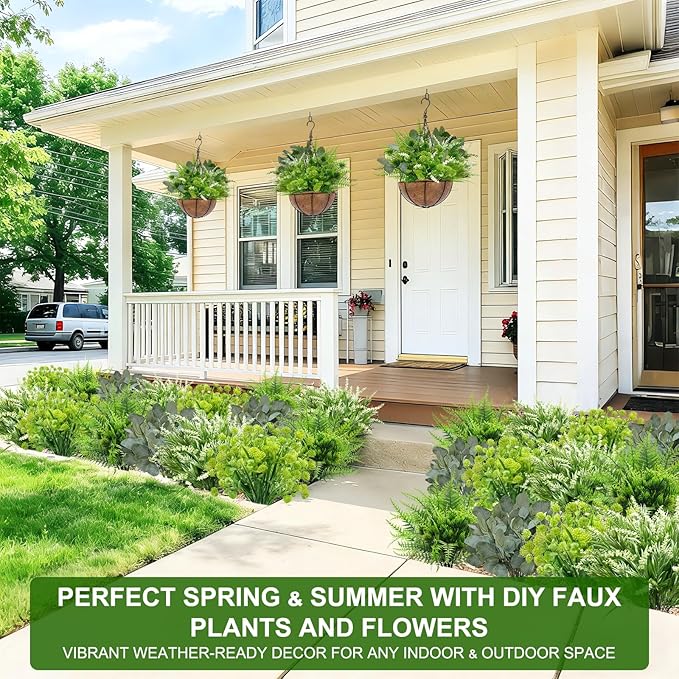 12 Bundles 4 Styles Artificial Plants Outdoor, UV Resistant No Fade Artificial Flowers Faux Plants Fern Lavender Eucalyptus Plastic Greenery Shrubs for Outside Porch Garden Home Spring Summer Decor